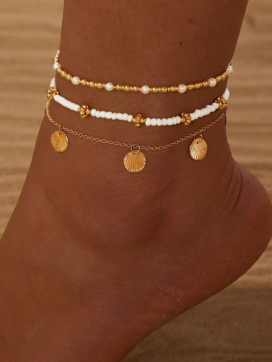3pcs Boho Style Shell Anklet Jewelry Set For Women, Suitable For Beach Vacation And Daily Wear, Best Gift, [Random Beads Arrangement, Random Quantity] - Multicolor - View 1