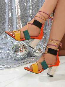 Sandales à talon épais pour femmes, sandales décontracté à bout ouvert et à lacets - Orange - Voir 2