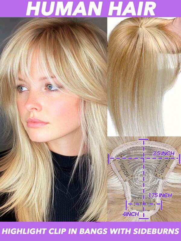 T-Shaped Straight Human Hair Featuring A Blend Of Golden Brown And Bleached Blonde Highlights, #12P613, Machine-Made Toppers, Made From 100% Human Hair With Bangs, Ideal For Everyday Use, Lightweight And Breathable Hair Extension Pieces
