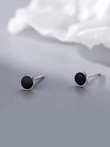 S999 Pure Silver Square Earrings For Women, Black Oil Drop Compact And Delicate Design, Hypoallergenic Suitable For Daily Wear