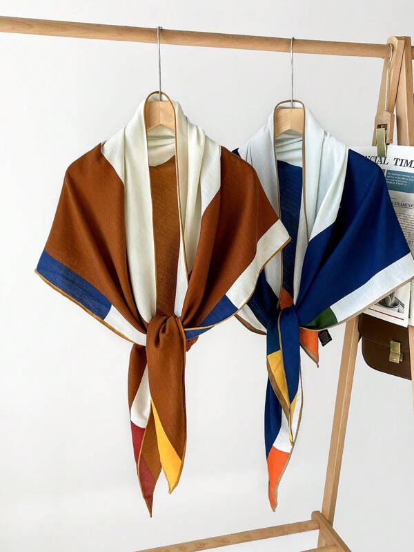 1 Peça Lenço Triangular de Seda Sintética Macio e Brilhante, Padrão Geométrico Espinha de Peixe Floral Feminino, Borda Enrolada Feita à Mão, Adequado para Uso Diário, Viagens, Passeios e Afins