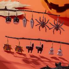 1 对/6 对金属幽灵、蜘蛛、字母、十字架、黑猫形吊坠耳环，女士万圣节派对、送给朋友的生日礼物