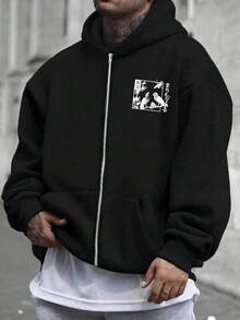 Plus Size Men's Tokyo Sakura & Bird Japanese Text Graphic Print Casual Metal Zipper Hoodie Sweatshirt, Autumn/Winter