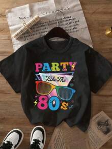 T-shirt imprimé avec la culture musicale disco et la mode rétro des années 80. Style rétro avec texte coloré, lunettes vintage et motif d'éclair. Plein d'une atmosphère nostalgique de culture de fête. - Noir - Voir 1