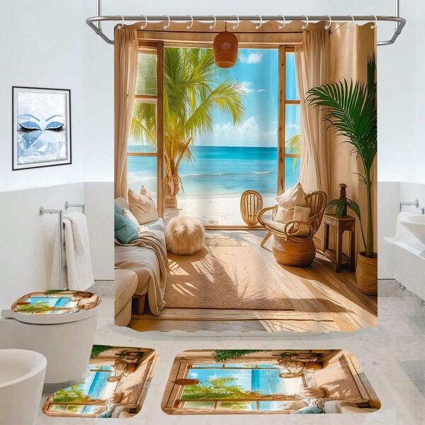 Cortina de chuveiro impermeável de poliéster com estampa de paisagem tropical costeira, 1/4 peças, decoração de casa em estilo minimalista contemporâneo com 12 ganchos, tampa de vaso sanitário, tapete em formato de U, tapete antiderrapante para banheiro, decoração de banheiro