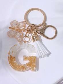 Cute Initial Letter Keyrings White Keychen,Capital Alphabet Gold Foil Resin Keychain Charm With Butterfly Tassel Pendant,Fashion Key Chain For Women Gift Purse Bag Handbag Decor,Father's Day Mother's Day Birthday Gift Thanksgiving And Christmas Day Holiday Gifts