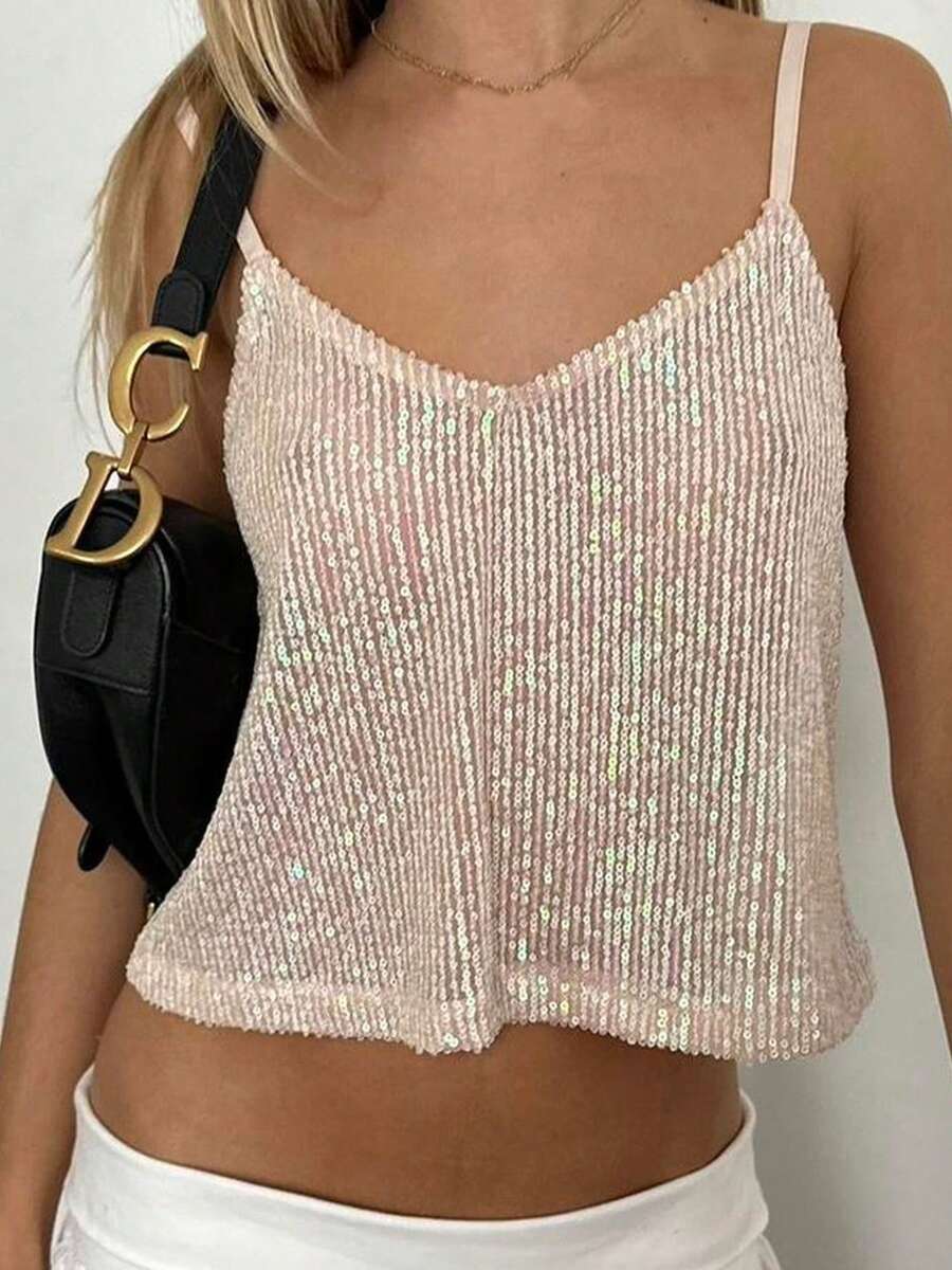 Women Y2K Sequin Cami Top Sparkle Tank V Neck Open Back Spaghetti Strap Crop Tops Summer Glitter Crop Top Party Clubwear - 杏色 - 查看 1