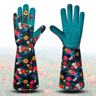 1pc Breathable & Puncture-Resistant Long Gardening Gloves With Floral Print, Made Of Polyester