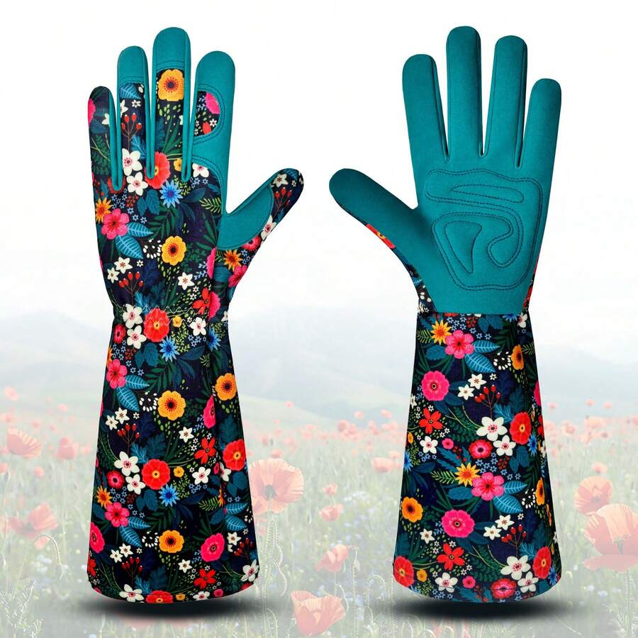 1pc Breathable & Puncture-Resistant Long Gardening Gloves With Floral Print, Made Of Polyester - Green - View 1