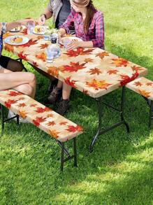3 Piecesset Picnic Table Cover & Bench Covers - Pumpkin Sunflower Leaves Fall Maple Leaves Fitted Camping Tablecloth With Elastic Edges, Outdoor Waterproof Rectangle Table Cloth, 72x30Inch