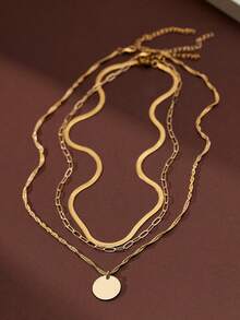 1 Set Stainless Steel Texture Gold Wire Flat Blade Chain Layered Stacking Design Round Shiny Pendant Necklace, With Gold Checkered Paper Clip, Suitable For Women To Wear On Holiday Parties - Vàng - Xem 2