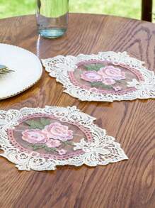 2 Stück Retro Bestickter Spitzen Untersetzer - Nordischer Stil Dreidimensional Bestickter Rose Untersetzer, 100% Polyesterfaser, hitzebeständend, dekorative Tischdecke, geeignet für Heim-Küchen-Dekoration und Foto-Hintergrund, Fotografie-Requisiten, Applikations-Accessoires DIY.