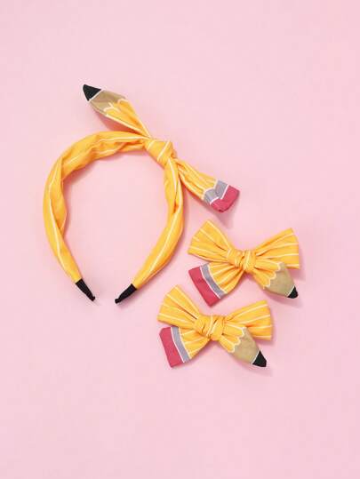 طقم إكسسوارات شعر جديد للعودة إلى المدرسة، يتكون من 1 شريط رأس و 2 مشبك شعر مصنوعة من البوليستر بشكل قلم رصاص، مناسبة للبنات للاستخدام اليومي وتزيين تسريحات الشعر