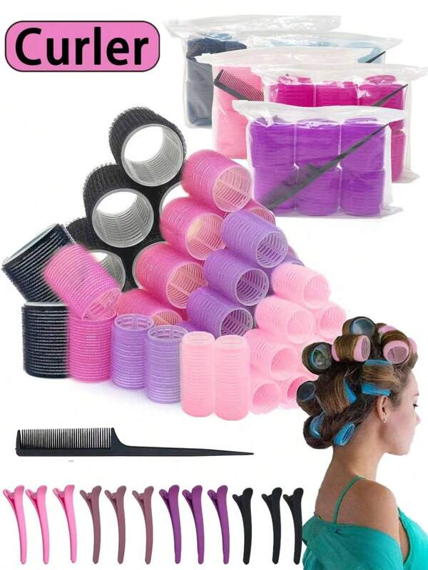 Juego de 32 piezas de rulos de agarre automático sin calentamiento, incluye ganchos para el cabello y peine, en varios tamaños y colores, adecuado para cabello largo y tipos de cabello mediano, para salón y peinado DIY