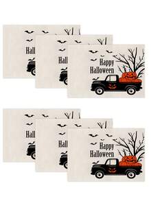 4 piezas/6 piezas/60 piezas Individuales de Halloween, individuales de lino con diseños de fantasmas de dibujos animados, castillos, arañas, murciélagos y letras, resistentes a la suciedad, aplicables para el hogar, restaurantes, decoración de mesa de comedor, artículos del hogar