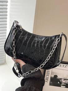 Nova Chegada Bolsa de Ombro Simples, Bolsa Transversal Casual de Couro PU com Estampa de Crocodilo e Corrente para Mulheres