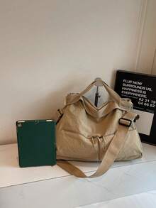 1 件米色 2025 夏季时尚大容量尼龙纯色旅行行李袋，带多个口袋、拉链、手柄、可调节肩带、鞋隔层、学校/大学/健身房/户外使用、可折叠手提包旅行必需品，适合假期旅行包行李箱旅行包女士