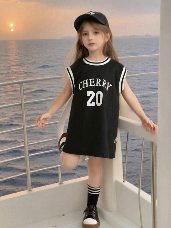 Cherry 20 Girls Striped Round Neck Graphic Tee Dress, Black Casual Summer Dress, Suitable For Play And Vacation