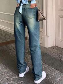 Women's Casual Slim Fit Washed Straight Leg Jeans, Spring/Autumn - Retro Blue - View 2