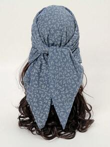 1 件花卉图案印花头巾，头带 - 藍色 - 查看 1