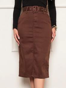 Women's Denim Midi Skirt High Waist Front Slit With Belt Fashion Casual Elegant - Rỉ Nâu - Xem 5