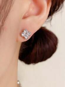 3 对奢华 925 银四叶草耳钉，微镶嵌方晶锆石，适合女性日常佩戴珠宝礼物 - 金色 - 查看 2