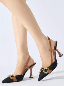 Women's Vintage Floral Design Chain Decor Pointed Toe Ankle Strap Thick High Heel Pumps, Elegant And Comfortable For Outdoor Daily, Commuting, Party, Festival Wear, Black And Brown Color, Spring/Summer/Autumn/Winter,Elegant - Black - View 5