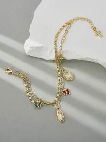 1 Peça Estilo Europeu & Americano Simples Dourado Sagrado Clássico Cruz Virgem Maria Cubic Zircônia Colorido Cristal Forma de Borboleta Tag Pulseira, Presente Ideal para Amantes, Amigos e Parentes, Uso Diário e Festivo Oração Dia dos Namorados