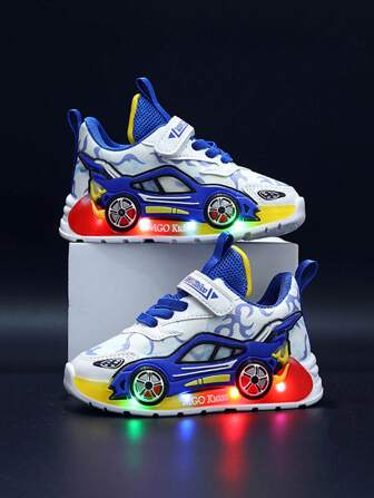 MGO Kidss MGO Kids 2025 Autumn New Cartoon Car LED Light Sports Shoes For Children Boys, Luminous Running Sneakers For Toddlers 1-3-6 Years Old, Thin LED Light Shoes For Boys