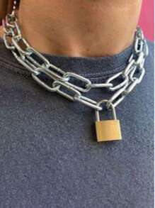 1pc Fashionable Metal Lock Chain Necklace, Unisex Hip Hop Style Metal Silver Pendant Necklace Suitable For Parties, Gatherings, Street Activities