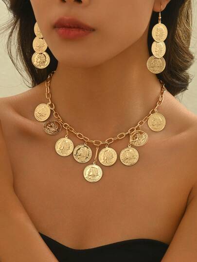 3pcs/Set Geometric Female Head Shaped Coin Pendant Necklace And Earrings, Suitable For Daily, Streetwear, Elegant And Casual Outfits