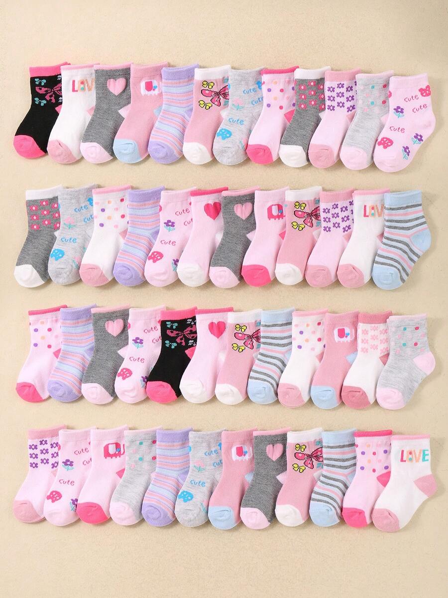 20-Pair Pack Of Baby Girl And Toddler Socks With Adorable Cartoon Animals - Butterflies, Rabbits, Hearts & Flowers. Fun, Unique Patterns, Skin-Friendly And Soft. , Versatile Mid-Calf Socks For Daily Wear, Festival Gifts, Travel. Colors And Styles Randomly Shipped - Multicolor - View 1