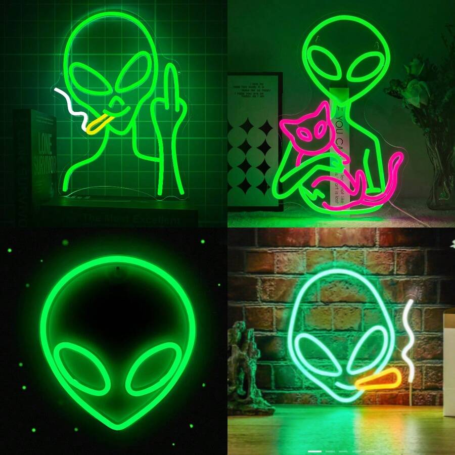 绿色外星人霓虹灯标志，可调光 LED 霓虹灯，USB 供电，酷炫外星人发光标志，墙面装饰艺术氛围灯，用于墙面装饰卧室男人窝游戏室家庭酒吧派对装饰礼物万圣节装饰灯家居装饰派对装饰万圣节装饰房间装饰万圣节花园装饰礼物仙女