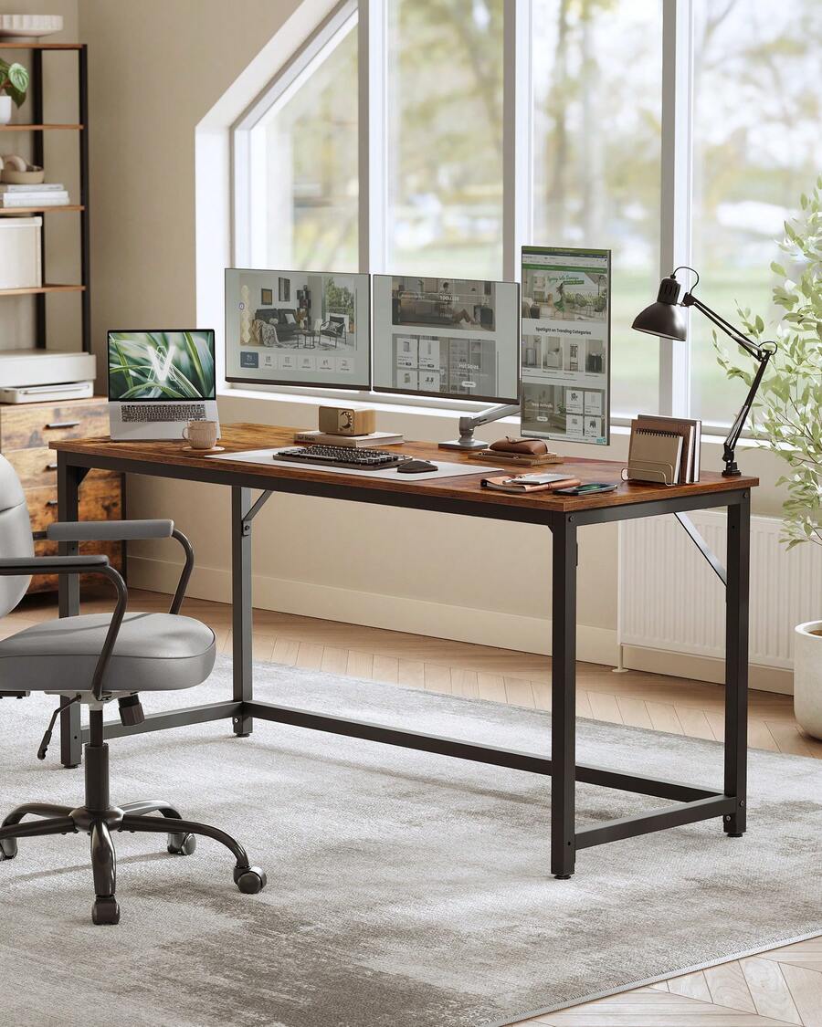 VASAGLE Bureau d'Ordinateur, Table, 160 x 60 x 76 cm, pour Bureau, Chambre, Salon, Cadre en Métal, Marron Rustique et Noir d'Encre - Tabac - Voir 1