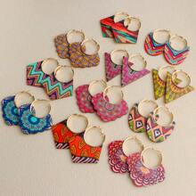 10 Pairs Boho Style Wooden Stud Earrings With Colorful Geometric Hollow Print, Suitable For Daily, Party And Gathering Wear, Random Design