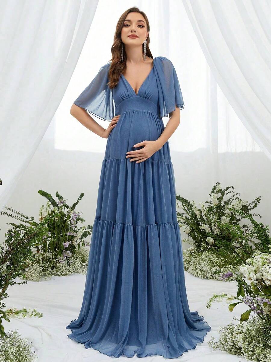Faeriesty Dressalisa Elegant Maternity Deep V-Neck Butterfly Sleeves Chiffon Oversized Tulle Skirt Dress For Summer Spring Occasions (Wedding Guest, Formal Dinner, Garden Party, Maternity Photoshoot, Evening Event)