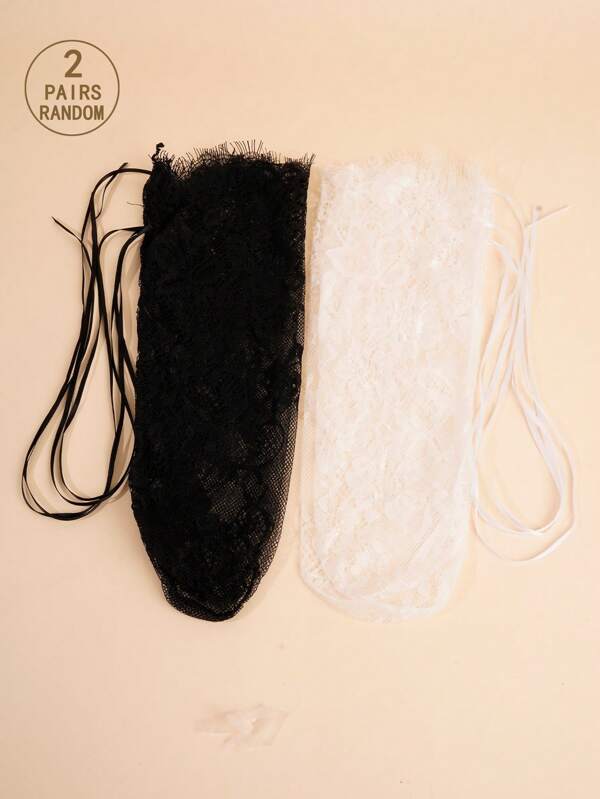 2 pares de calcetines vintage con encaje calado para niñas, decorados con cintas negras y blancas, malla transparente fina y floral de tipo media de rejilla