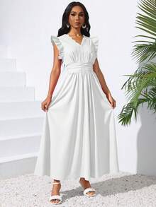 Elegante Vestido Largo Para Mujer De Color Sólido,Vestido Manga Con Volante,Vestido Cuello En V, Vestido Con Cintura Plisada De Verano - Blanco - Ver 5