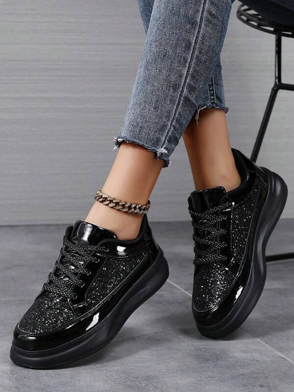 Women's Casual Black Running Shoes, Non-Slip Soft Lightweight Thick Sole, Round Toe Lace-Up, Suitable For Spring & Autumn