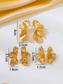 3 Pairs Textured Gold Partial Flower Stud Earrings, Chic Summer Vacation Style, Suitable For Women's Dates/Daily Wear - Yellow Gold - View 6
