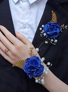 Flori bleumarin pentru încheietura mâinii și piept, accesoriu vestimentar pentru nuntă/evenimente formale/petrecere, recuzită pentru rochie de mireasă de studio foto