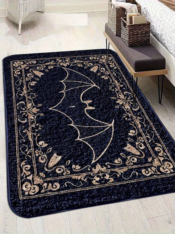 1pc Gothic Bat Pattern Carpet, Modern Faux Wool Rectangle Non-Slip Bath Mat, Machine Washable Easy To Clean Kitchen Mat, Soft Skin-Friendly Durable Small Rug For Halloween Living Room Carpet, Mysterious Symbol Doormat, Decorative Bat Art, Gold Bat Rug Color, Suitable For Living Room, Bedroom, Bathroom, Laundry Room, Toilet, Entrance, Kitchen, Game Room, Hallway, Yard, All Seasons