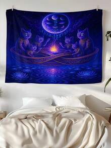 1Pc Mystic Cat Tapestry, Cosmic Cats Wall Art, Spiritual Fire Circle Room Decor,Celestial Feline Tapestry, Moonlit Scene Home Decor,Olyester Fiber Material,For Bedroom,Study,Dormitory,Living Room,Restaurant,Bar,Corridor,Studio,Etc,Frameless