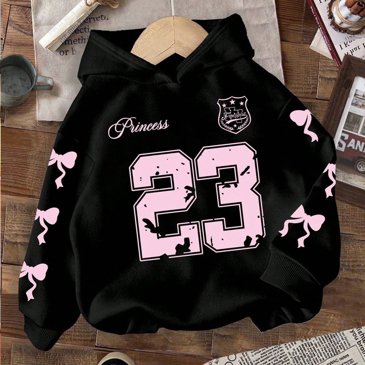 Sudadera con capucha para niñas con lazo y estampado de números, cálida