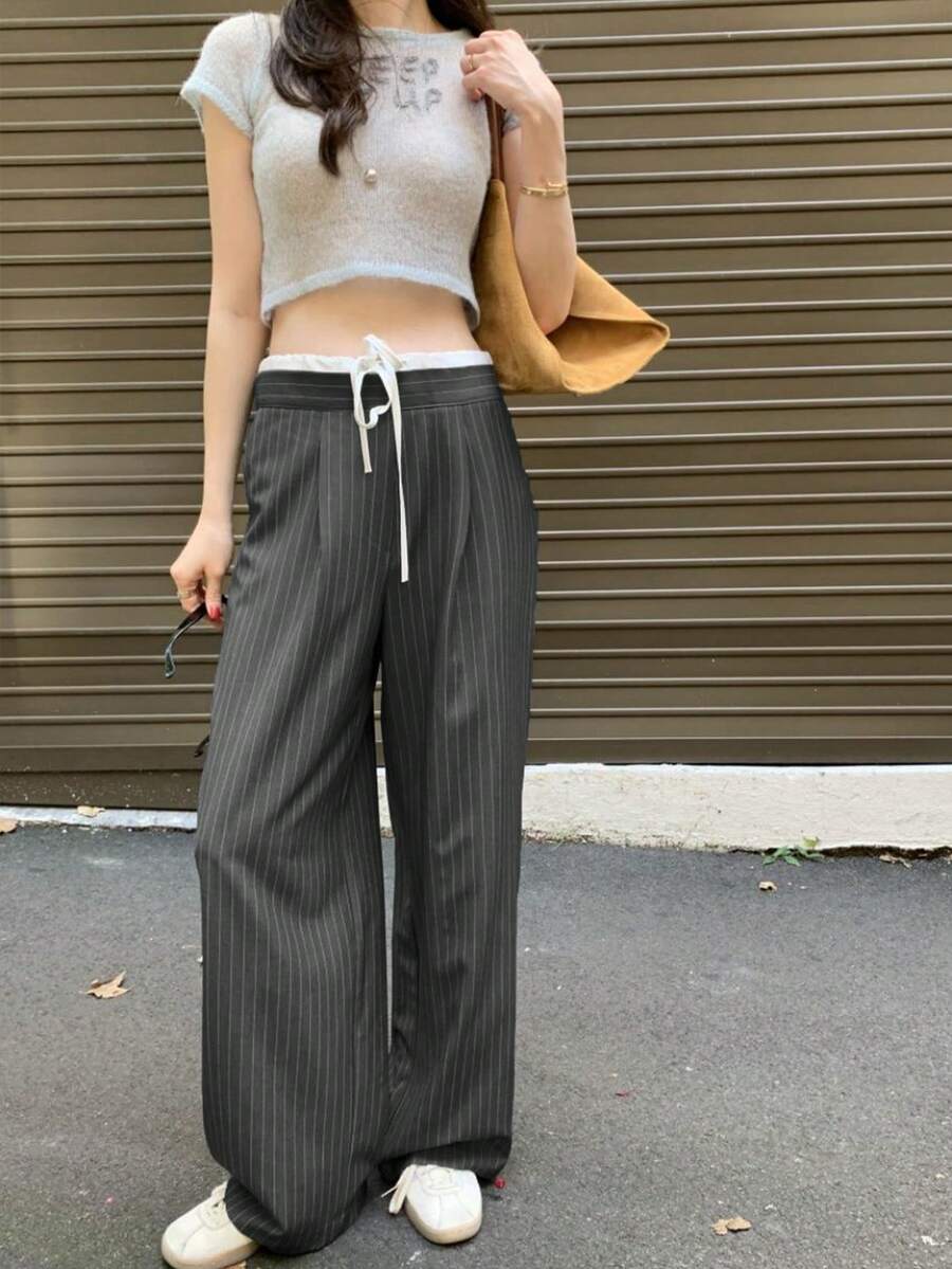 Korean Chic Vintage Contrast Color Drawstring Tie Striped High Waist Straight Leg Wide Leg Casual Pants (Random Stripe) - Grey - View 1