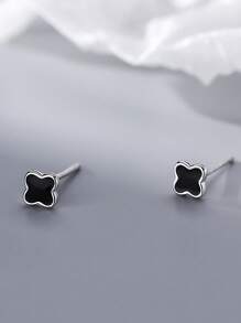 S999 Pure Silver Square Earrings For Women, Black Oil Drop Compact And Delicate Design, Hypoallergenic Suitable For Daily Wear