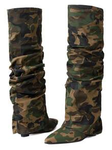 Y2K Style Women's Fold Over Boots Slouch Knee High Boots For Women Wedge Heel Pointed Toe Tall Boot, Wide Calf, Pull-On Shark Boots - 軍綠色 - 查看 7