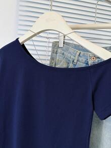 时尚不对称领口短袖修身短款 T 恤衬衫