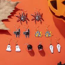 1 对/6 对金属幽灵、蜘蛛、字母、十字架、黑猫形吊坠耳环，女士万圣节派对、送给朋友的生日礼物