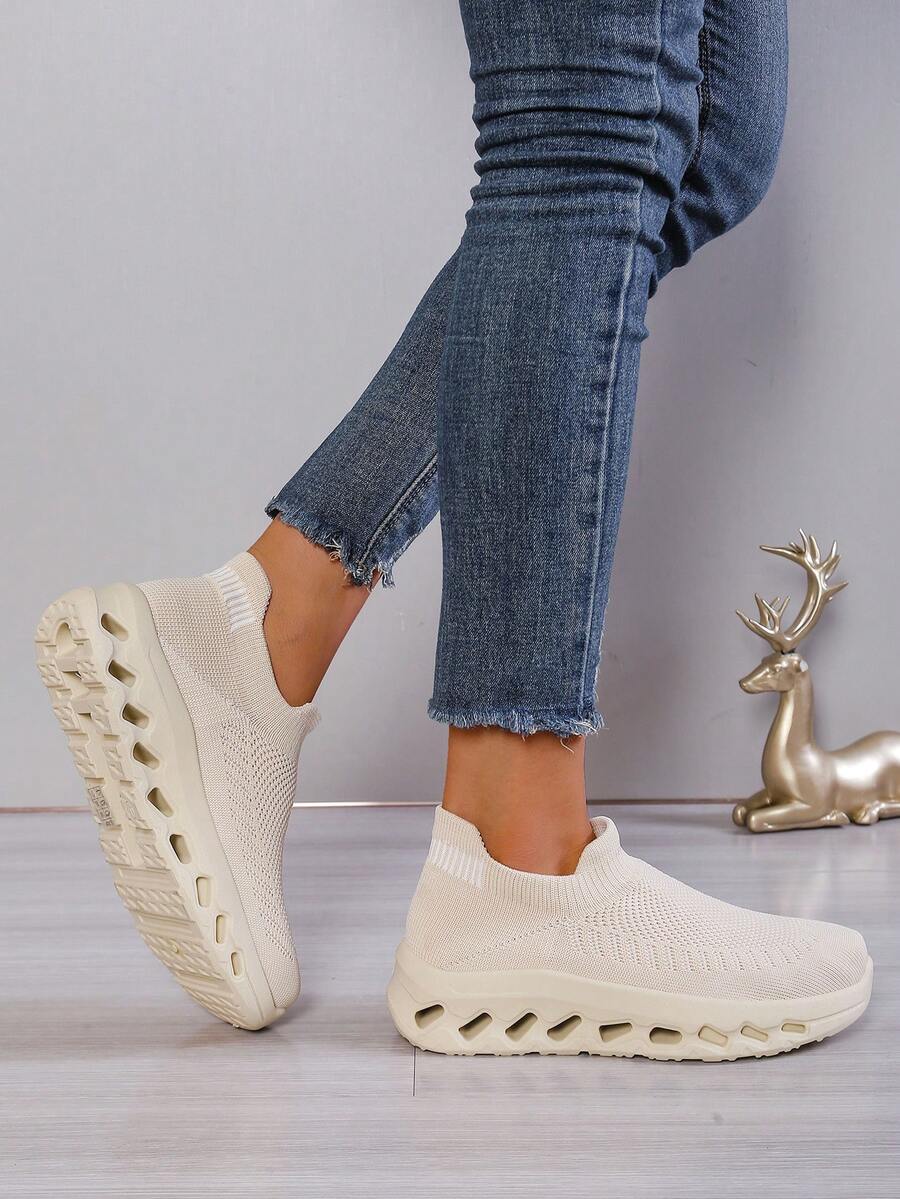 Women's Casual Sneakers, Simple Versatile Style, Woven Breathable Slip-On, Comfortable Anti-Slip Chunky Sole Walking Shoes - Khaki - View 1